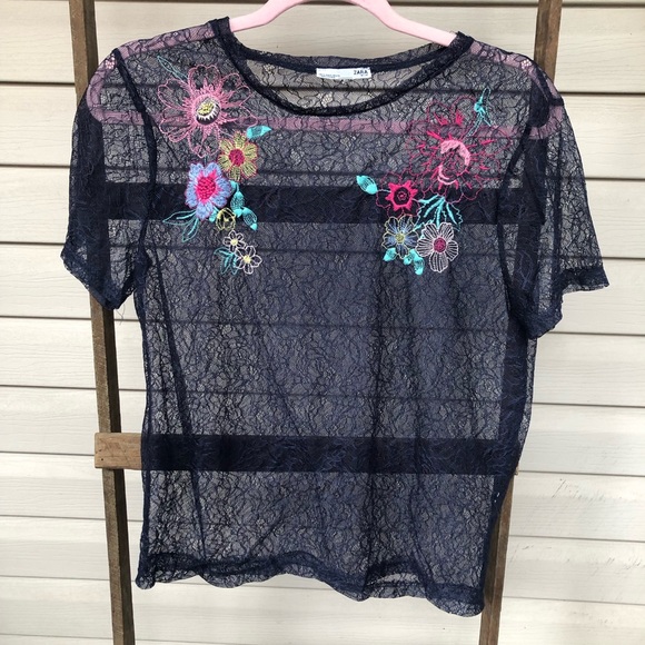 NWOT Sheer Floral Mesh Lace Zara Blouse with Floral Embroidery - Picture 3 of 10